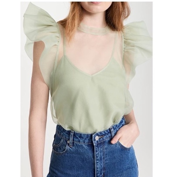 Jonathan Simkhai Ruffle-Sleeve Top green sheer - Picture 1 of 8